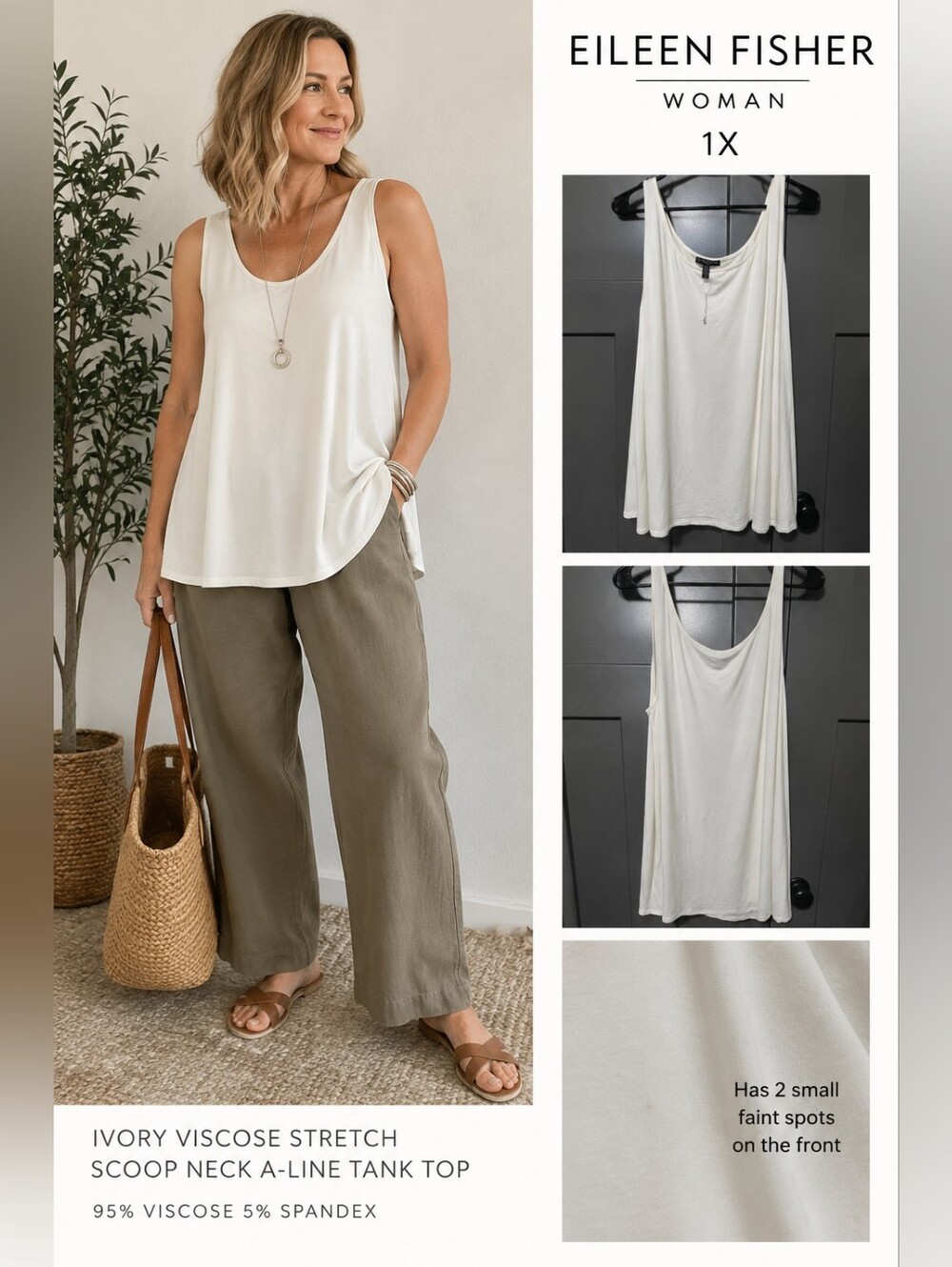 Eileen Fisher Woman 1X Ivory Viscose Stretch Scoop Neck A-Line Tank Top